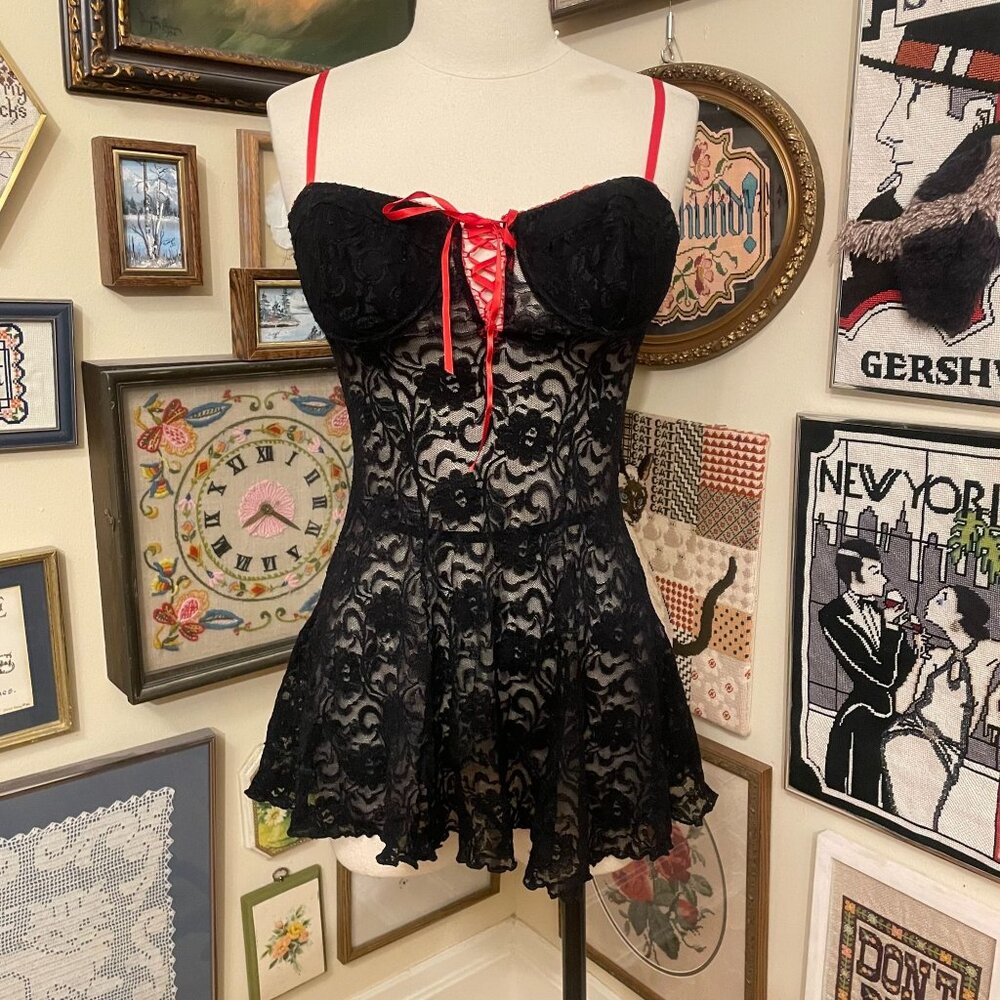 Cinema Etoile Black Lace Chemise With Red Straps & Bow Lingerie Size L